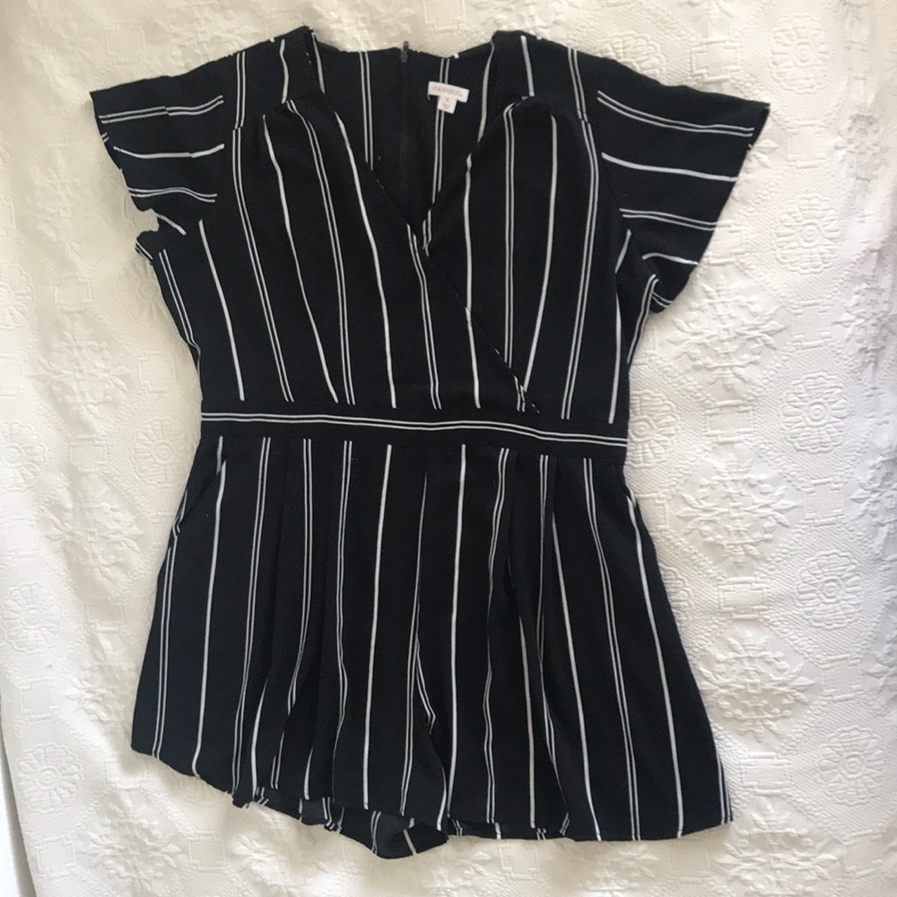 ***Black and White Striped Wrap Top Romper***